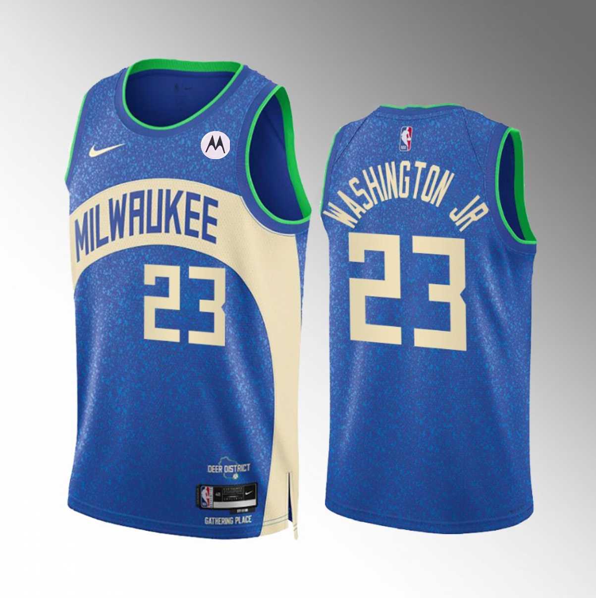Mens Milwaukee Bucks #23 TyTy Washington Jr. Blue 2023-24 City Edition Stitched Basketball Jersey Dzhi